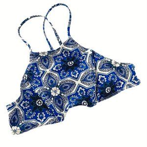 Beach Riot X Stone Cold Fox Blue Floral High Neck Strappy Boho Bikini Top XS
